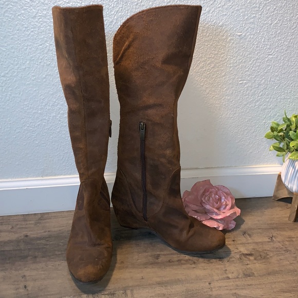 ZAPPA BROWN LEATHER DISTRESSED WEDGE TALL BOOT - Picture 1 of 9